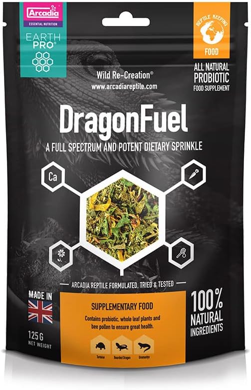 Arcadia EarthPro DragonFuel Botanical Bearded Dragon Food Sprinkle 125g – All-Natural Reptile Food Topper with Bee Pollen, Probiotics and Whole Leaf Plants, Supplementary Diet for Uromastyx and Iguana