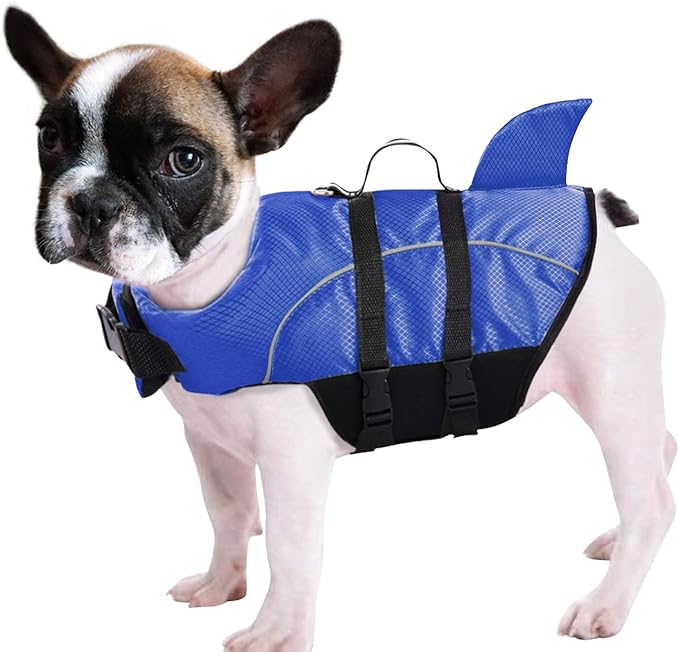 Queenmore Ripstop Dog Life Jacket Shark Life Vest for Dogs, Safety Lifesaver with High Buoyancy and Lift Handle for Small and Medium Breeds（Blue L）