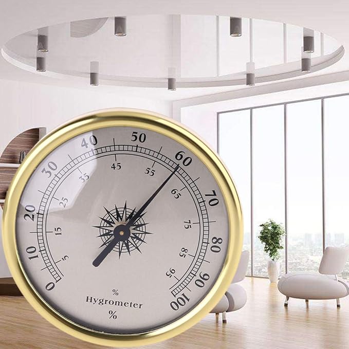 7.2cm Gold Rings Surface Hygrometer, Analog Humidity & Temperature Gauge, No Battery Needed, Elastic Mounting Rings, for Guitar Cases, Incubators, Greenhouses