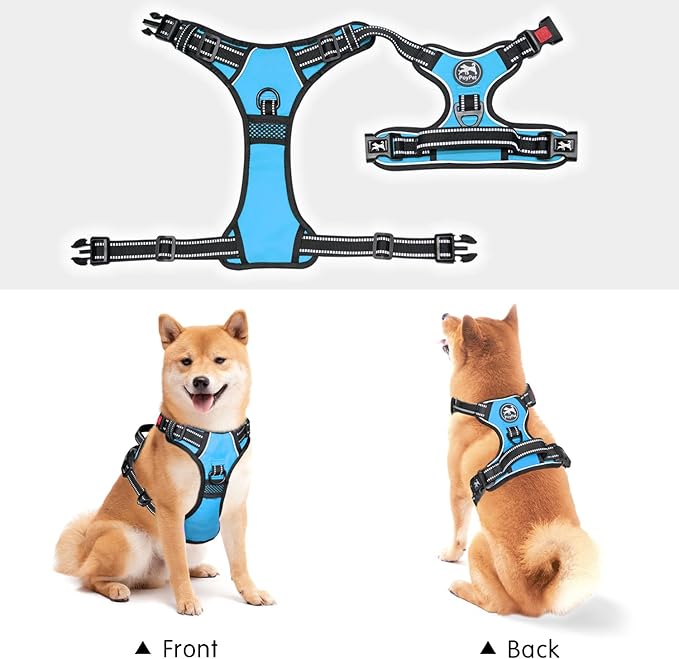 PoyPet Dog Harness No Pull, Reflective Adjustable No Choke Pet Vest with Front & Back Clips, Soft Padded and Control Training Handle for Large Dogs(Blue,XL)