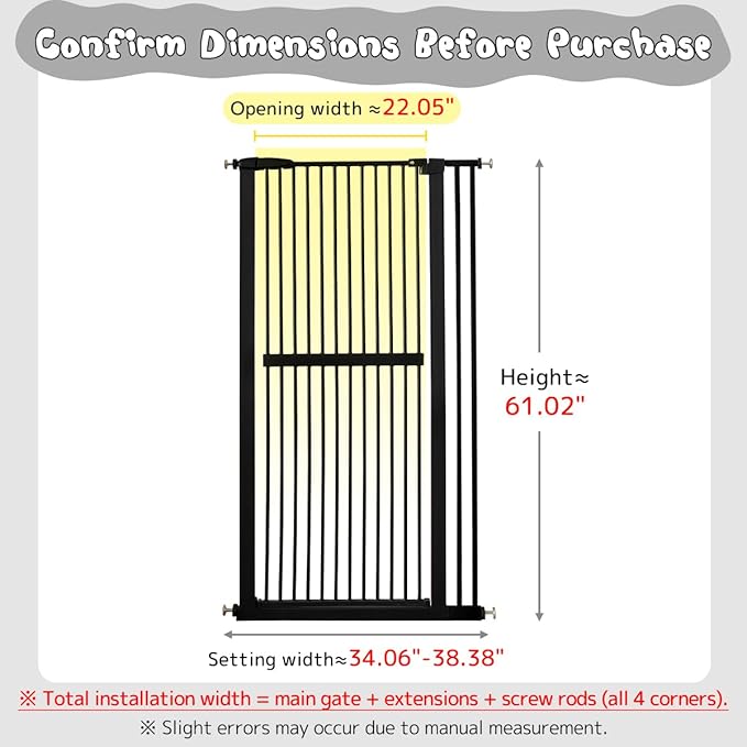 Lumizone Extra Tall Cat Gate 61.02" High Pressure Mounted Extra Wide 30.12"-38.38" (17Sizes) 1.37" Gap No Drilling Auto-Close Tall Pet Gate for Dogs (Black, 30.12"-38.38" W)