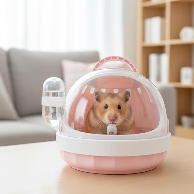 Portable Small pet Carrier with Water Bottle – Hamster Travel cage with Transparent Dome Design, Suitable for Hamsters, Sugar Gliders, and Guinea Pigs. (White Peach Pink)