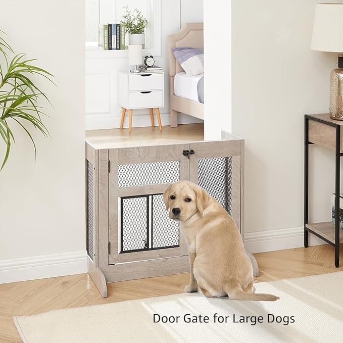 unipaws Dog Gate Indoor, Separates Puppy and Large Dogs, Walk Through Pet Gate with Dog Door, Free Standing, Adjustable 33.3-41.6 Inches Wide, Gray, Metal & Wood