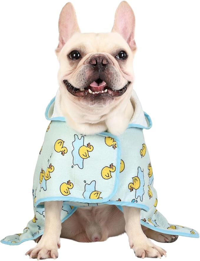 HDE Dog Bathrobe Super Absorbent Quick Drying Puppy Towel Wrap Coat Adjustable After Bath Robes with Hood for Dog Sizes S-XXL Rubber Duck Puddles M