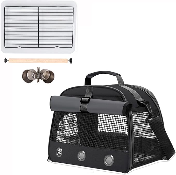 Parrot Carrier Parrot Travel Cage Panoramic View Breathable with Perch Removable Tray Food Cup Standing Net for Conures Parakeet Budgie (Black)