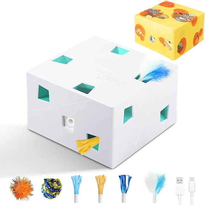 Migipaws Automatic MigiBox Plus Cat Toys 3 in1 Interactive Pounce Mystery Under PopSkin 12 Holes Cardboard Kitten Toys for Indoor Rechargable 8 Accessories(White) by MigipawsCreateMoreEnjoymenttoPetsandFamily