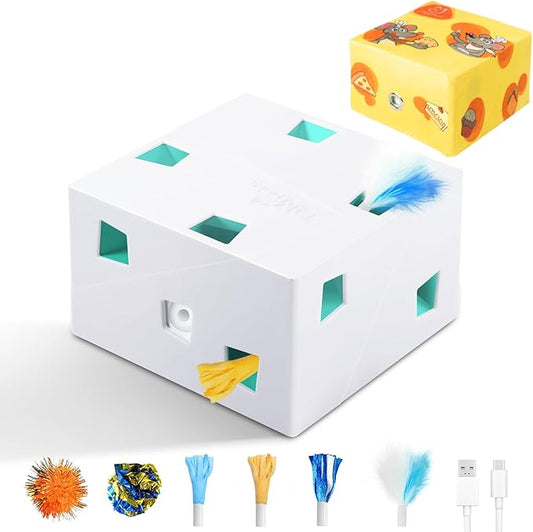 Migipaws Automatic MigiBox Plus Cat Toys 3 in1 Interactive Pounce Mystery Under PopSkin 12 Holes Cardboard Kitten Toys for Indoor Rechargable 8 Accessories(White) by MigipawsCreateMoreEnjoymenttoPetsandFamily