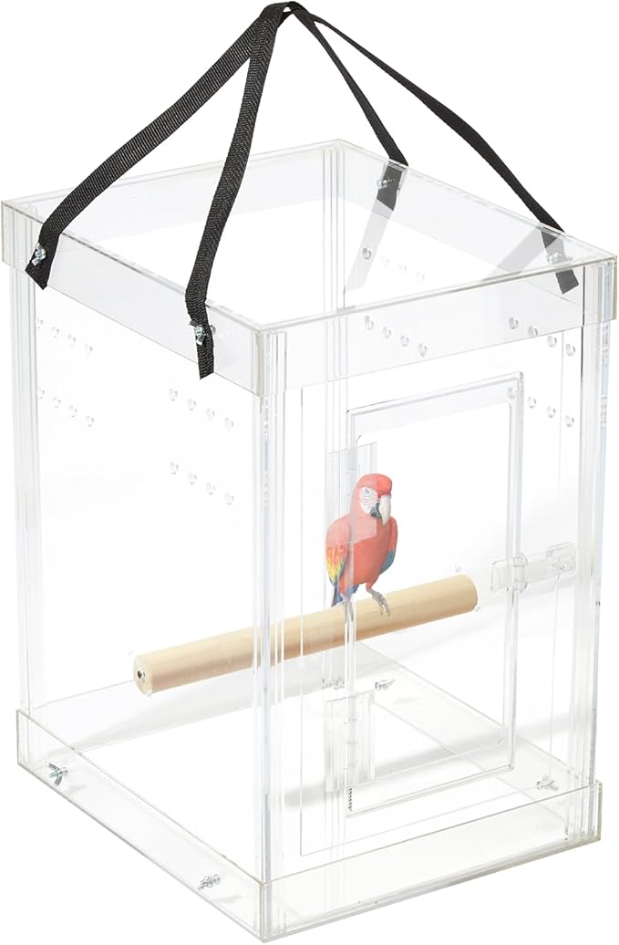 PENNZONI Medium Bird Carrier Display Case, Crystal Clear Acrylic Bird Travel Cage with Feeder Bowls