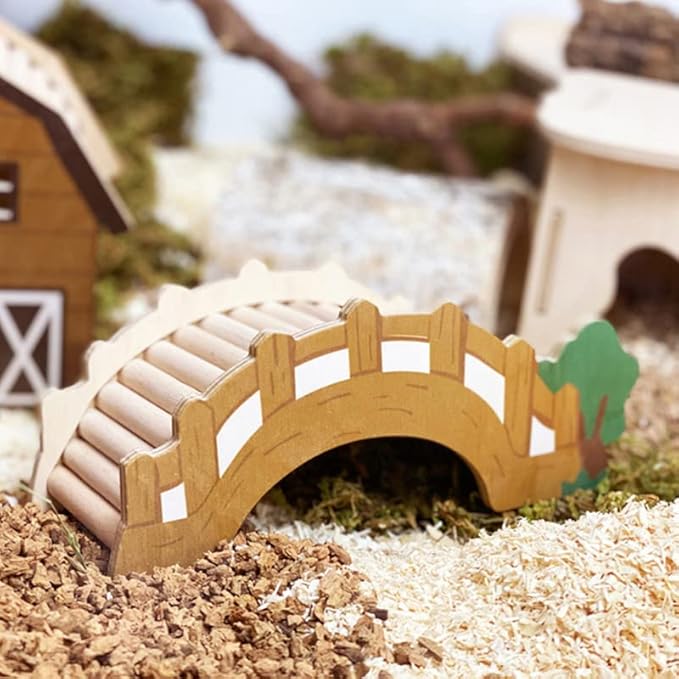 Happy Farms Series Hamster Toys, Hamster Landscaping Habitats Decor, Wooden Hamsters Hideouts, Hamster House for Syrian Gerbils Mice Mini Animals, Hamster Accessories (Wooden Bridge)
