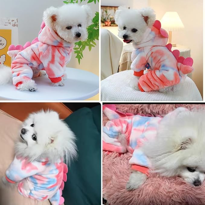 Dinosaur Dog Clothes for Small Puppy Girl, Boy: Fleece Winter Puppy Coat with Leash Ring, Cat Costume for Cold Weather, Funny Dinosaur Costume for Christmas, Halloween. (Pink, X-Large)