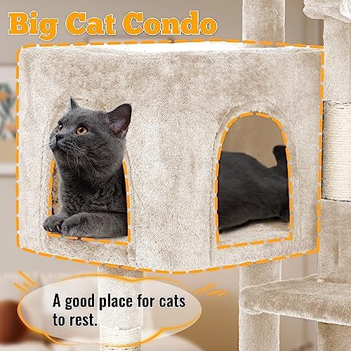 FDW 37.8 inch Cat Tree Cat Tower for Indoor Cats with Scratching Posts,Multi-Level Cat Furniture Activity Center Stand House Cat Condo Modern Cat Tower with Hanging Cradle & Funny Toy,Beige - Image 5