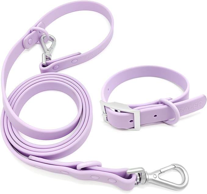 ZALER Dog Collar and Leash Set, Waterproof Adjustable Odor Proof Pet Collars Leashes Easy to Clean, 6FT Dog Leash with 2 Hooks for Large, Medium Small Dogs (XS, Purple)