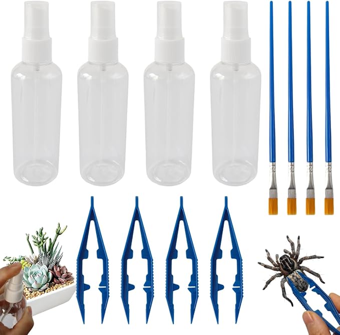 Jumping Spider Enclosure Starter Kit,Ultimate Value Set with 4 Spray Bottles, 4 Tweezers & 4 Soft Paint Brushes for Jumping Spider & Small Reptile Care Kit Accessories
