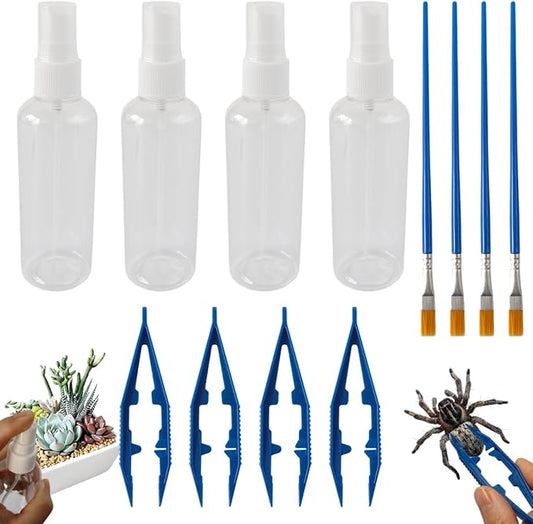 Jumping Spider Enclosure Starter Kit,Ultimate Value Set with 4 Spray Bottles, 4 Tweezers & 4 Soft Paint Brushes for Jumping Spider & Small Reptile Care Kit Accessories