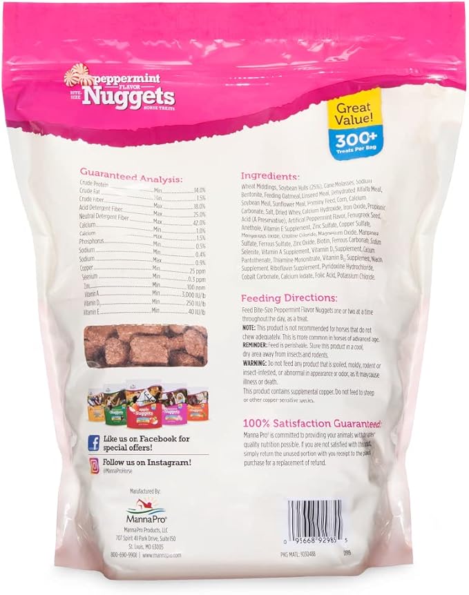 Manna Pro Bite-Size Nuggets for Horses - Pocket Sized Training Horse Treats - Peppermint Flavored Treats - Packs with Vitamins & Minerals- Great Taste Guaranteed - 4lbs (Pack of 2)