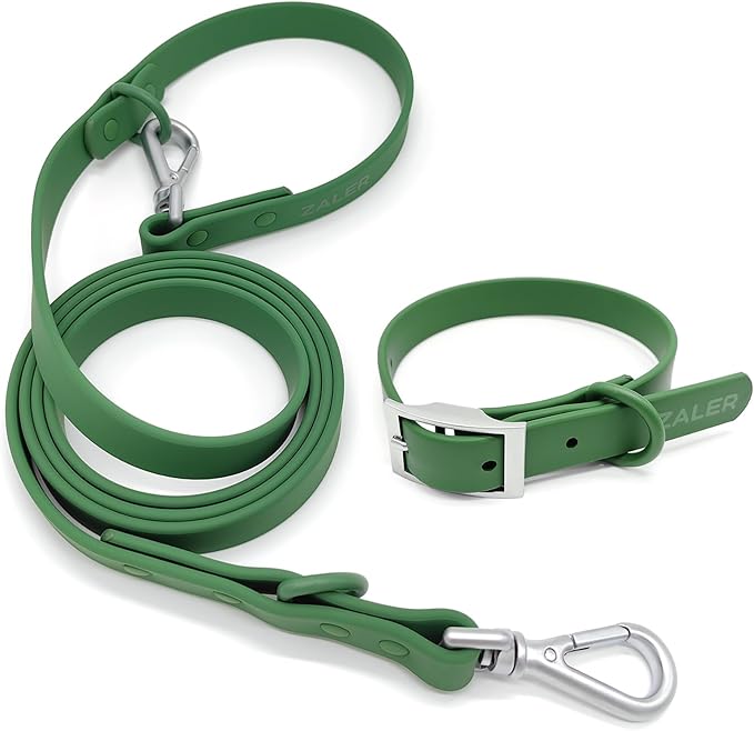 ZALER Dog Collar and Leash Set, Waterproof Adjustable Odor Proof Pet Collars Leashes Easy to Clean, 6FT Dog Leash with 2 Hooks for Large, Medium Small Dogs (S, Green)
