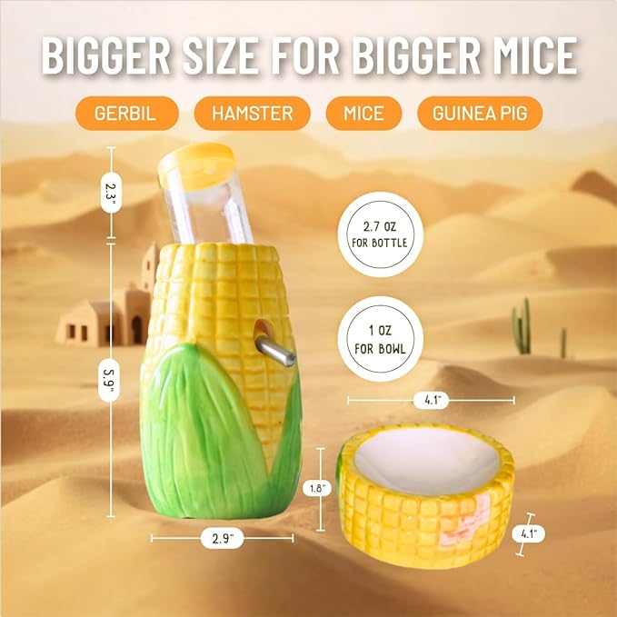 Corn Ceramic Hamster Water Bottle Stand with Food Bowl, Syrian, Gerbil, mice Water Bottles with Holder Water Feeder for Small Animals, Hamster Cage Accessories