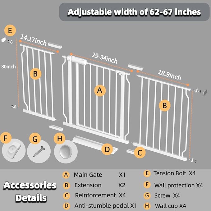 Extra Wide Walk Through Baby Gate with Door, 62.5-67 Inch Wide Presure Mounted No Drill Metal Auto Close Child Gate for Stair Doorway - Indoor Outdoor Safty Gate for Toddler Dog Doggie, White