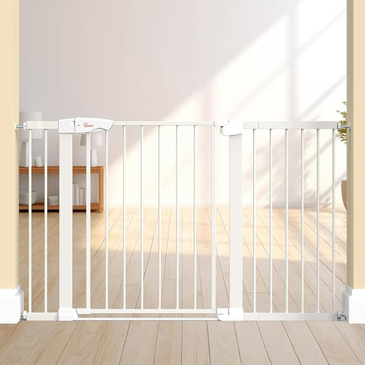 Baby Gate for Indoor Stairs & Doorways: Wide Expandable 27.9-46.8" Metal Safety Gate - Toddler Pets 30" Tall Dog Gate with Easy Install Pressure Mount Dual Lock & 2-Way Swing, White.