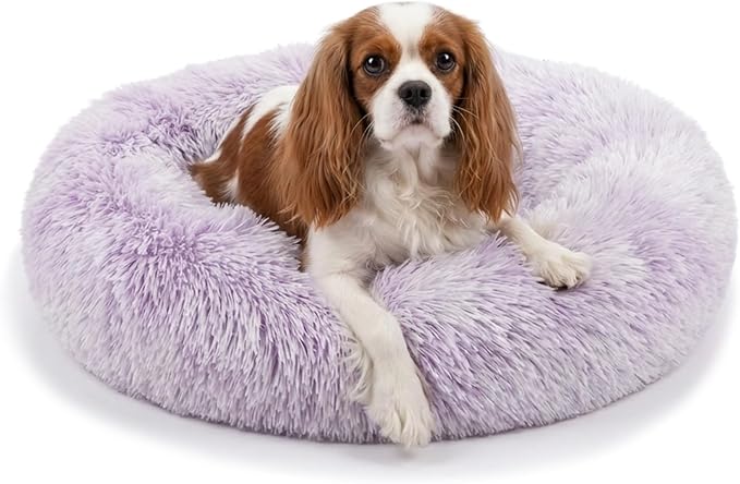 Calming Dog Bed for Medium Dogs Washable Donut 30 inches Anti-Slip Pet Bed,Round Fluffy Plush Faux Fur Cat Bed,Fits up to 45 lbs Pets,Gradient Purple