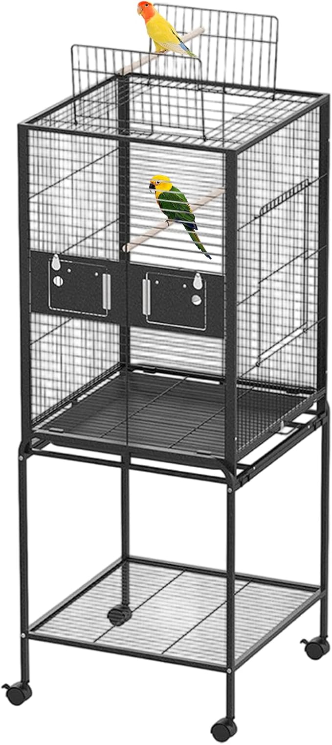 63 Inch Bird Cage with Wooden Perches, Standing Wrought Iron Birdcage Large Parrot Flight Bird Cage with Rolling Stand Birdcages for Cockatiels African Grey Quaker Lovebird Canary Budgie Finch Black