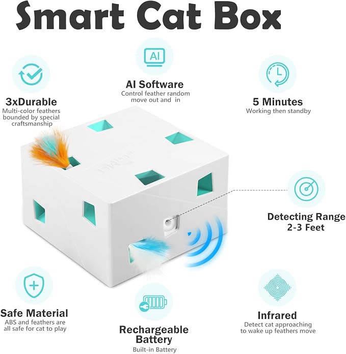 Migipaws Automatic MigiBox Plus Cat Toys 3 in1 Interactive Pounce Mystery Under PopSkin 12 Holes Cardboard Kitten Toys for Indoor Rechargable 8 Accessories(White) - Image 2