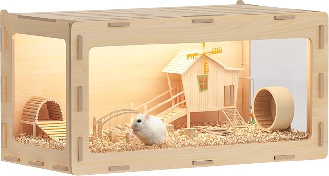 COZIWOW Hamster Cage 32", Large Wooden 270° Panoramic View Chewproof Habitat, Bigger World Small Animal House with Openable Top & Acrylic Panels for Syrian, Dwarf Hamsters, Gerbils