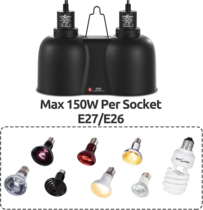 REPTI ZOO Dual Reptile Light Fixture, Max 150W Dual Dome Heat Lamp Fixture with Independent Switches Reptile Tank Accessories UVB Light Fixture (Bulb Not Included)