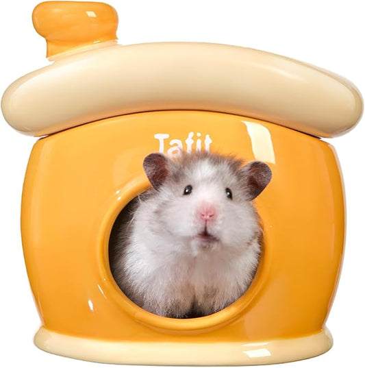 Ceramic Igloo Hamster Hideout - Orange Small Animal Habitat Decor Hut for Syrian & Dwarf Hamsters, Gerbils, Mice, Rats - Four Seasons Home House