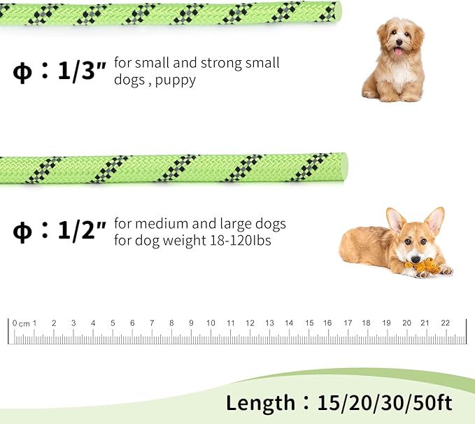 Hi Kiss Check Cord Large,Medium Small Dogs/Puppy Obedience Recall Training Agility Lead - 15ft 20ft 30ft 50ft Training Leash(Green 50ft-Diam 1/3"-1 Hook)