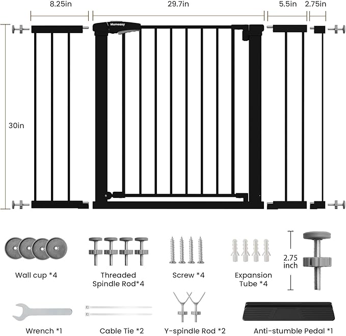Mumeasy 29.7-48" Baby Gate for Stairs, Pressure Mounted Dog Gate for Doorways, Extra Wide Walk Thru Safety Pet Gate for Doors with Auto Close, Easy Install Child Gate for Hallway Indoor House, Black