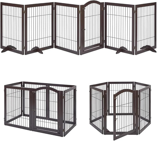 unipaws 144" Extra Wide Dog Gate and Pet Playpen, Free Standing Tall Dog Fence with Walk Through Door, Barriers for Home, Use as Indoor Cats Pen, Rabbit Pen, Espresso