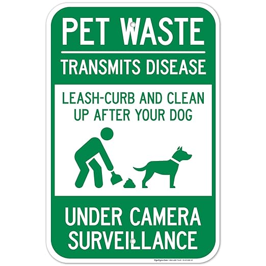 Pet Waste Leash-Curb and Clean Up After Your Dog Under Camera Surveillance Sign, (SI-63188) 12x18 Inches, Rust Free .063 Aluminum, Fade Resistant, Made in USA