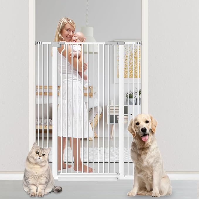 51.18" Tall Extra Tall Pet Gate Dog Door, Auto Close Safety Gates for Kitchen Living Room Doorways Hallway,Indoor Pet Gates for Dogs or Cats(Black) (White, 29.6-40.5")