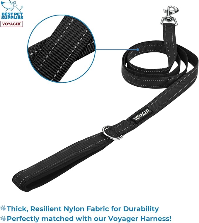 Voyager Reflective Dog Leash with Neoprene Handle, 5ft Long, Supports Small, Medium, and Large Breed Puppies, Cute and Heavy Duty for Walking, Running, and Training - Black (Leash), S (Pack of 2)