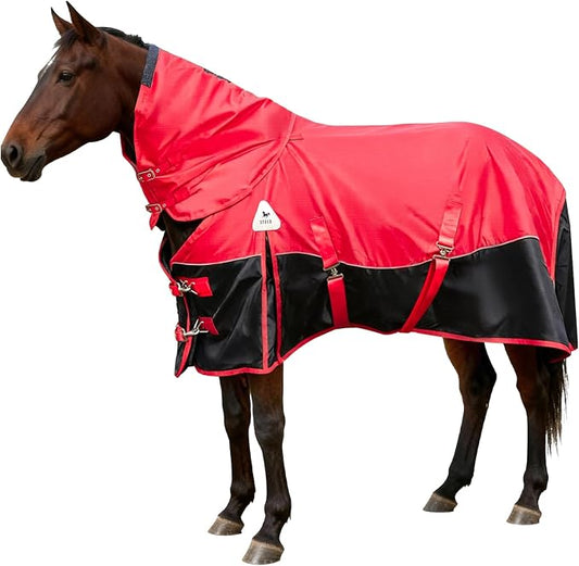 Horse Blankets Winter for Real Horses, 1600D Waterproof Poly Rain Sheets 78 in with Neck Cover Belly Wrap Tail Wrap Turnout Blanket, Stuff Care Medium Large Weight Heavy Outdoor Clothes Red Black