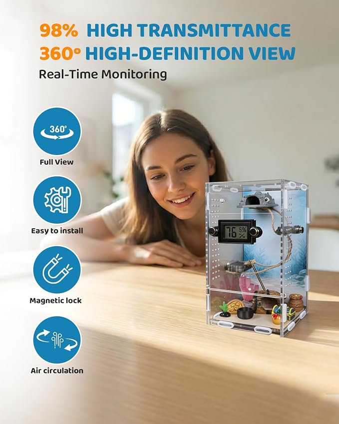 DIY Jumping Spider Enclosure,4.7"x4.7"x7.9" Escape-Proof Spider Terrarium,Small Invertebrate Acrylic Accessories Set,with Temperature and Humidity Detector,Platform,Hide,Tweezer,Feeding Bowl