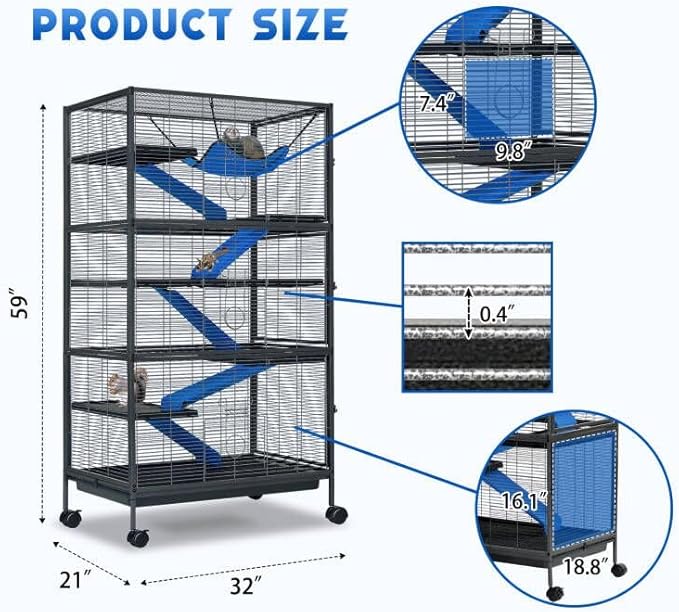 Metal Small Animal Cage 6-Tier Ferret Sugar Glider Cage for Chinchillas/Guinea Pig/Rabbit/Large Hamste Rolling Critter Nation Cage with Flannel ramps, Removable Tray,6 Doors Easy Clean