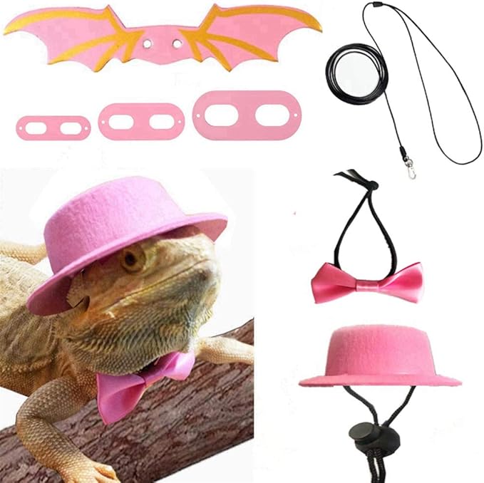 Valentine's Day Bearded Dragon Lizard Leash Harness Hat Bowtie Set - Valentine's Day Hat + Bowtie + 3 Pack Harness Leash for Bearded Dragon Iguana Amphibians Gift Small Animal Clothes Outfit(Pink Set)