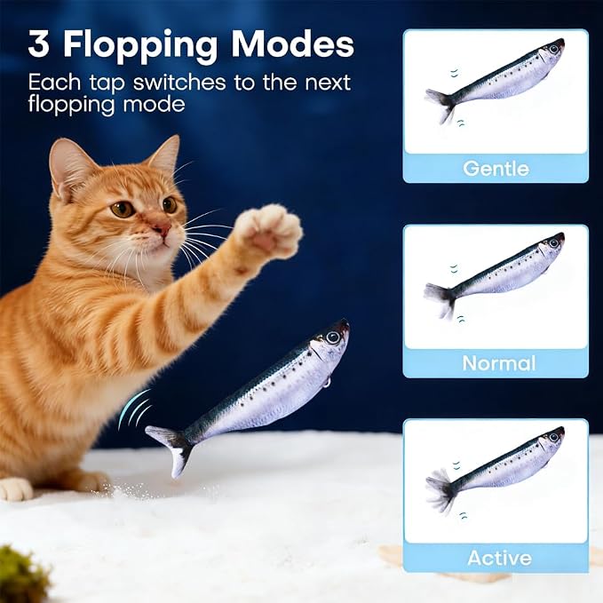 Realistic Floppy Fish Cat Toy with Catnip Toys for Cats Interactive Cat Toys for All Breeds Tap-Activated 3 Flapping Mode Sardine/Yellow Croaker,7.1 Inches,with Catnip,Rechargeable - Image 5