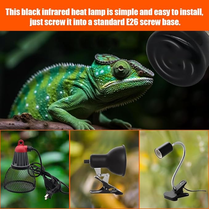 Mini Reptile Heat Lamp Bulb Ceramic Infrared Heat Emitter（4 Pack） E26/E27 Base, AC110V, for Pet Amphibian Snake, Turtle, Lizard, Chicken, Brooder Coop, No Light (100, Watts)