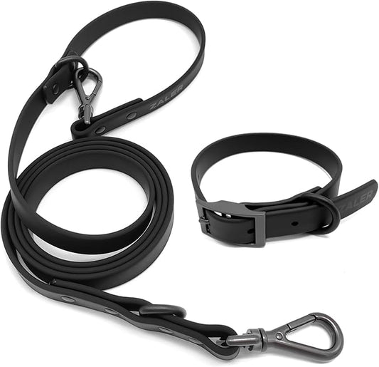 ZALER Dog Collar and Leash Set, Waterproof Adjustable Odor Proof Pet Collars Leashes Easy to Clean, 6FT Dog Leash with 2 Hooks for Large, Medium Small Dogs (M, Black)