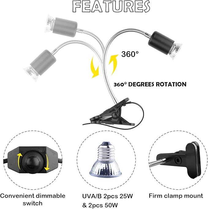 Reptile Heat Lamp UVA UVB Light Bulb, 360° Rotatable Basking Spot Light Simulated Sunlight, Dimmable Heating Lamp for Turtle, Lizard, Snake, Beared Dragon, Amphibians