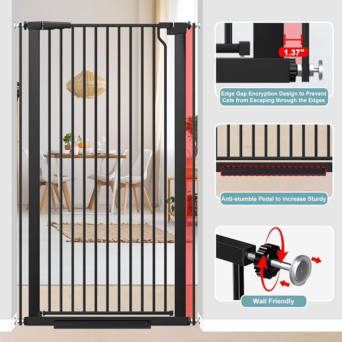 51.18" Extra Tall Pet Gate for Cats Dogs-29.6"-48.4" Extra Wide Baby Cat Gate for Stairs and Doorways-1.37" Ultra Narrow Spacing Dog Gate Dog Door with One-Handed Operation(29.6"-48.4")
