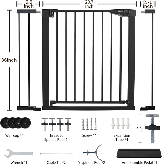 Mumeasy 36" High Extra Tall Dog Gate, 29.6"-40.5" Wide Pressure Mounted Tall Baby Gate for Dog, Auto Close Pet Gate with Door for Stairs,Doorways,House,Black