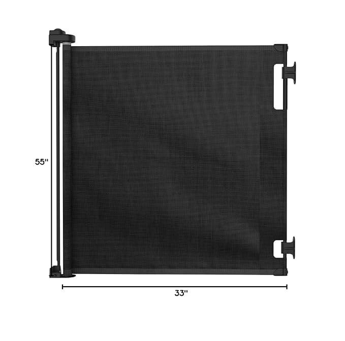 Retractable Baby Gate Perma Child Safety 33" Tall x 55” Wide, Mesh, for Stairs, Doorways, Dogs, Pets, Indoor, Outdoor, One-Handed Operation, Locking, Easy Install, Hardware Mount, Black