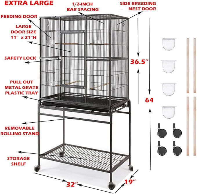 64" Extra Large Wrought Iron Side Nesting Box Doors for Flight Breeding Canary Parakeet Cockatiel Lovebird Finch Bird Flight Home Cage Easy to Clean Pull Out Tray with Removable Rolling Stand