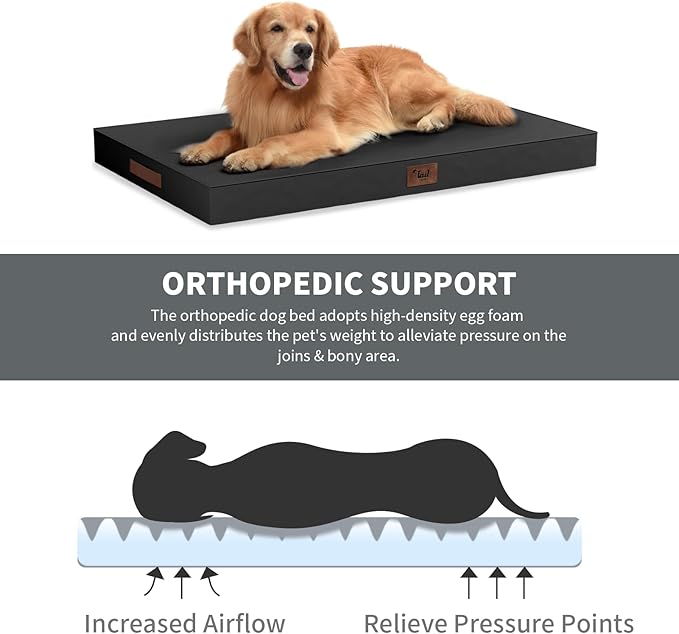 Outdoor Dog Bed for Small Dogs, Waterproof Dog Crate Bed for Medium Dogs Cats, Orthopedic Egg Crate Foam Pet Bed with Washable Removable Oxford Cover, Black