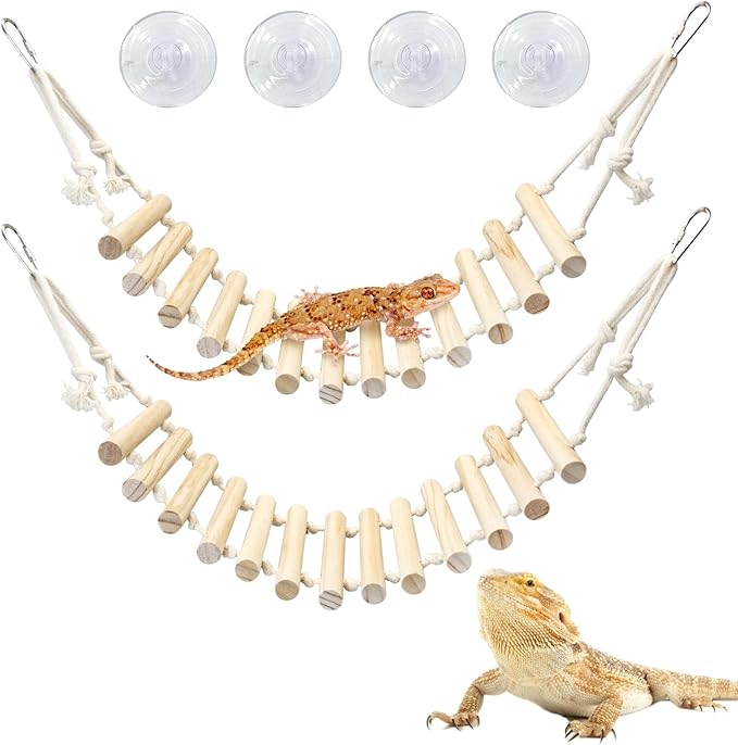 VCEPJH Reptile Bridge Leopard Gecko Climbing Ladder Wooden Basking Lounger Reptile Tank Accessories for Crested Gecko Bearded Dragon Hermit Crab Turtle Chameleon Lizard Tree Frog (2 Pcs)