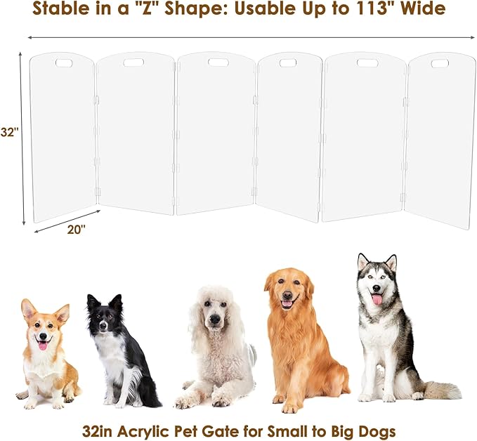 Modern Frame Clear Acrylic Freestanding Dog Gate - 32" Tall Extra-Wide Folding 6-Panel Pet Barrier for Doorways, Stairs & Large Openings, Indoor Fence for Small to Large Dogs & Cats